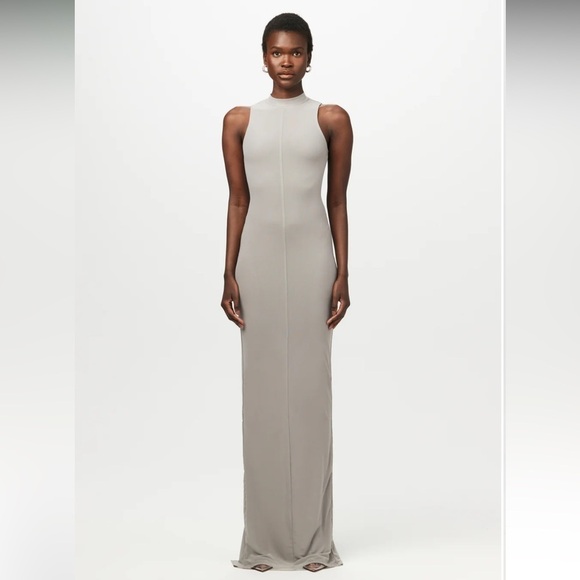 NEW Naked Wardrobe Light Gray Snatched Mesh Sleeveless Maxi Dress With Back Slit - Picture 3 of 7
